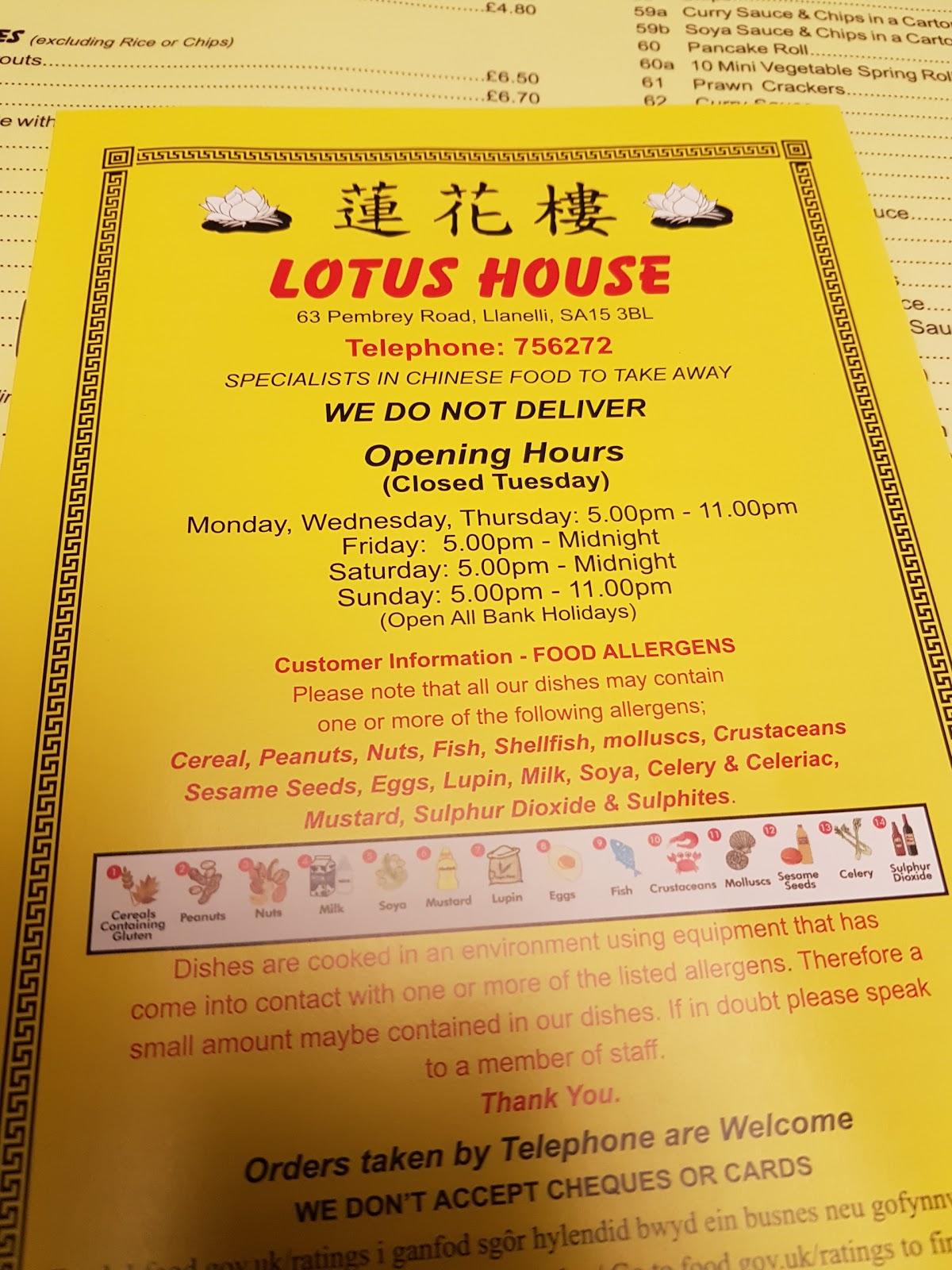 Menu at Lotus House fast food, Llanelli