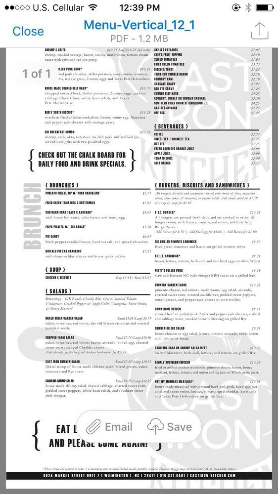 Menu at Cast Iron Kitchen restaurant, Wilmington, Market St 6