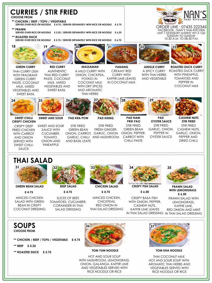 Menu at Nan's Thai Kitchen cafe, Dewsbury