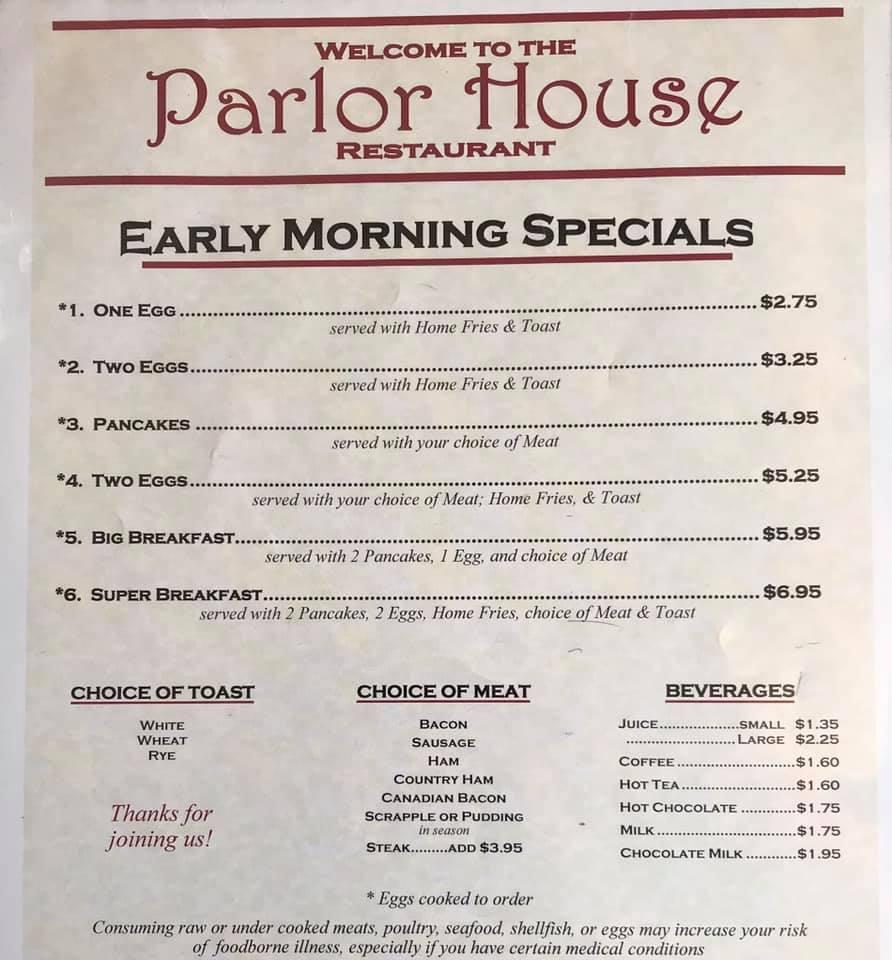 Menu at Parlor House restaurant, Waynesboro