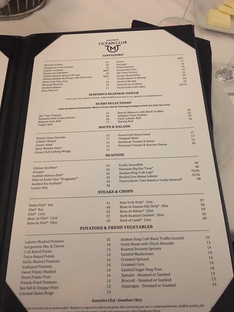 Menu at Mastro's Ocean Club, Las Vegas