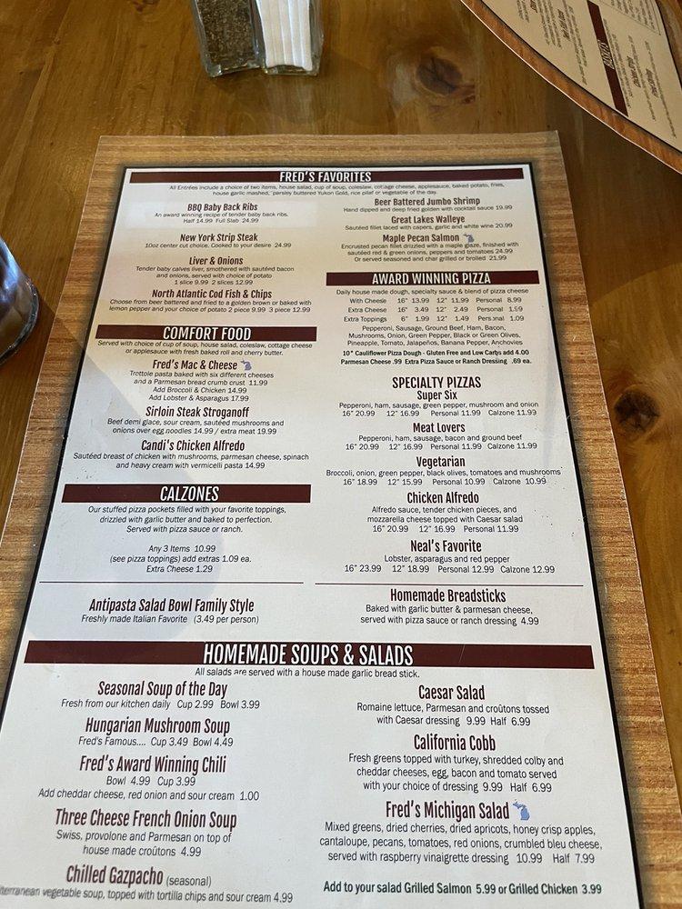 Menu at Fred's of pizzeria,