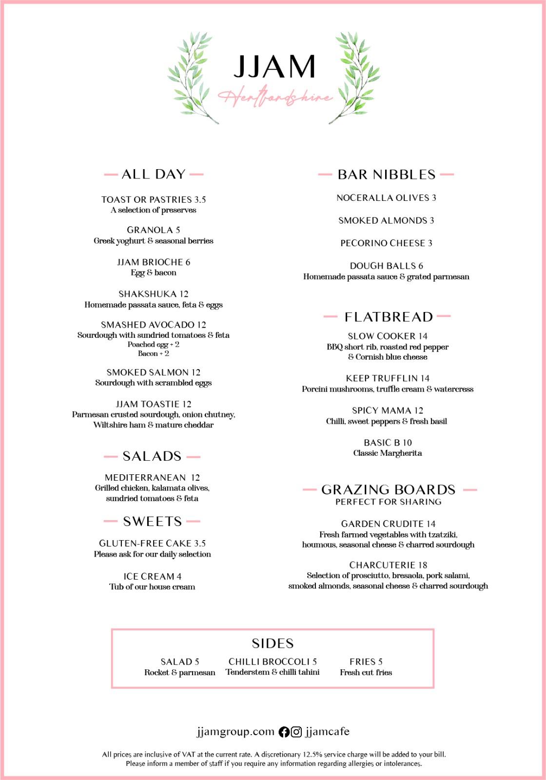 Menu at JJAM Café restaurant, St Albans