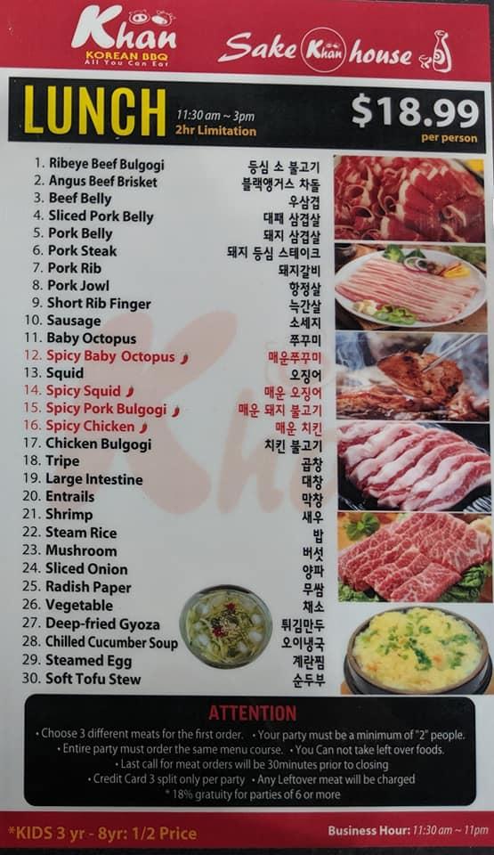 Menu at Khan Korean BBQ, El Centro