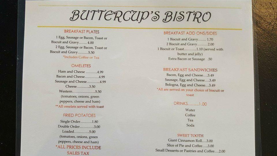 Menu at Buttercup Bistro cafe, Fulton
