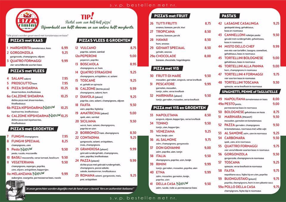 Menu at Pizza Rimini, Noordwijkerhout