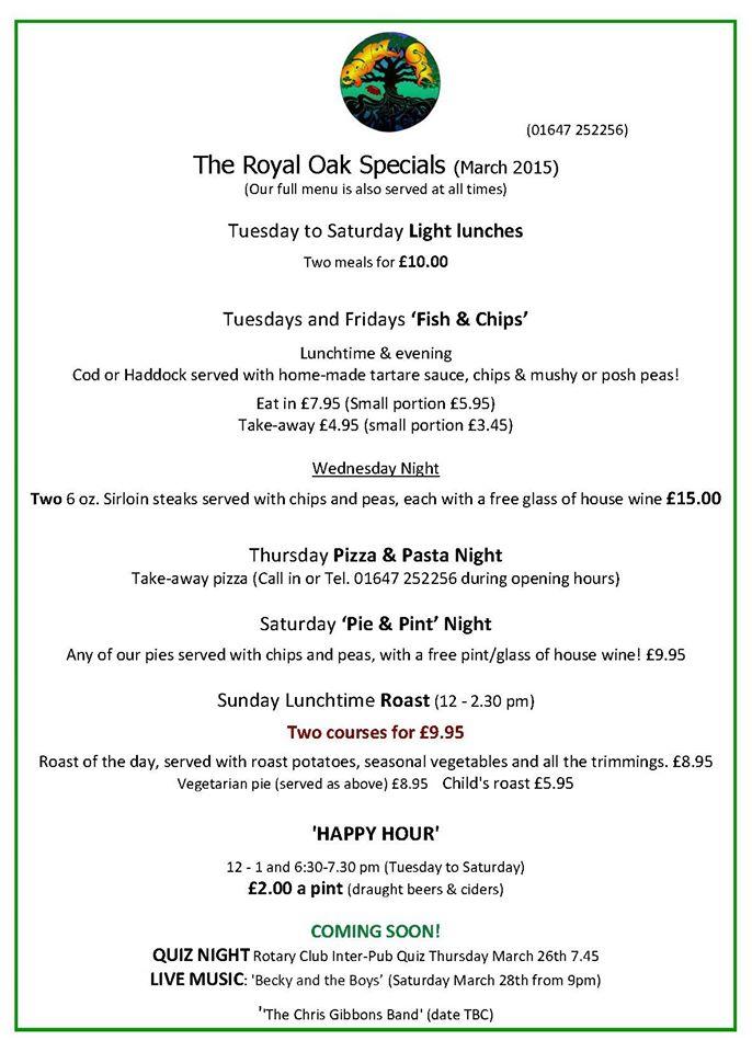 Menu At The Royal Oak Pub Bar Dunsford