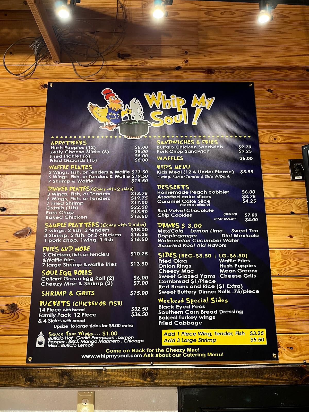 Menu at Whip My Soul restaurant, Austin