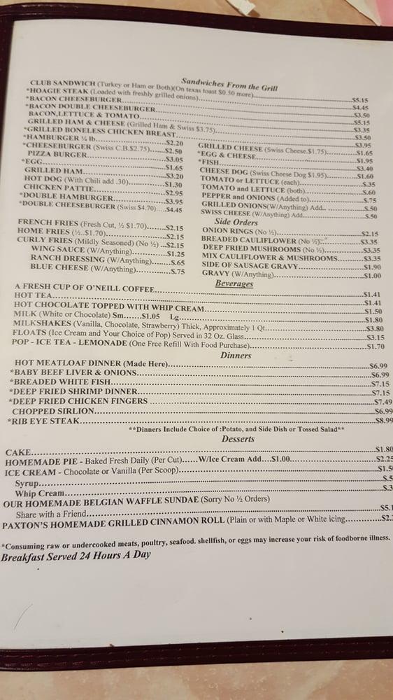 Menu at Paxton's Restaurant, Greenville