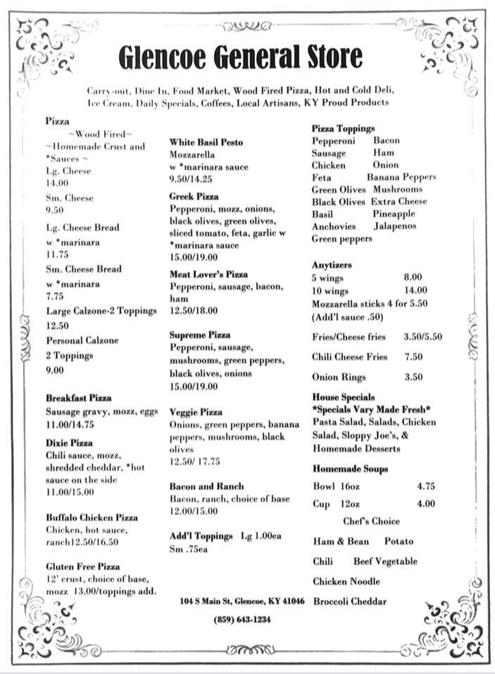 Menu at Glencoe General Store pizzeria, Glencoe
