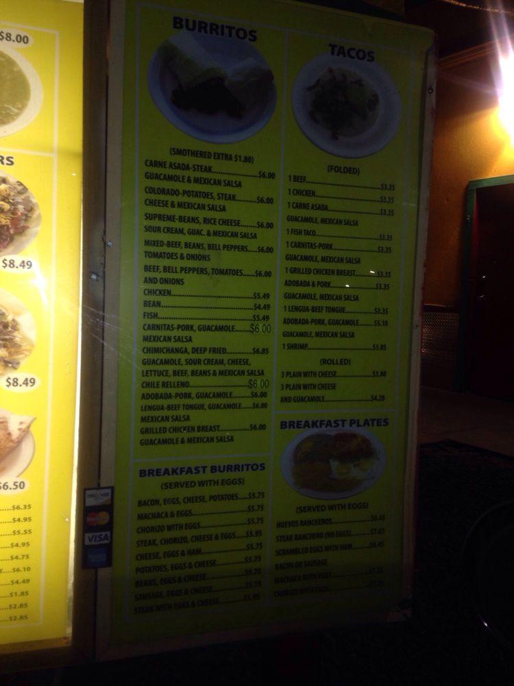 Menu at Tacos Rapidos restaurant, Denver, W Evans Ave