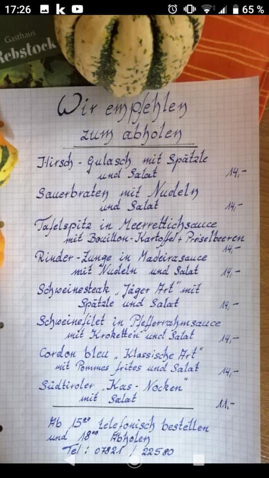 Speisekarte Von Rebstock Restaurant, Lahr/Schwarzwald