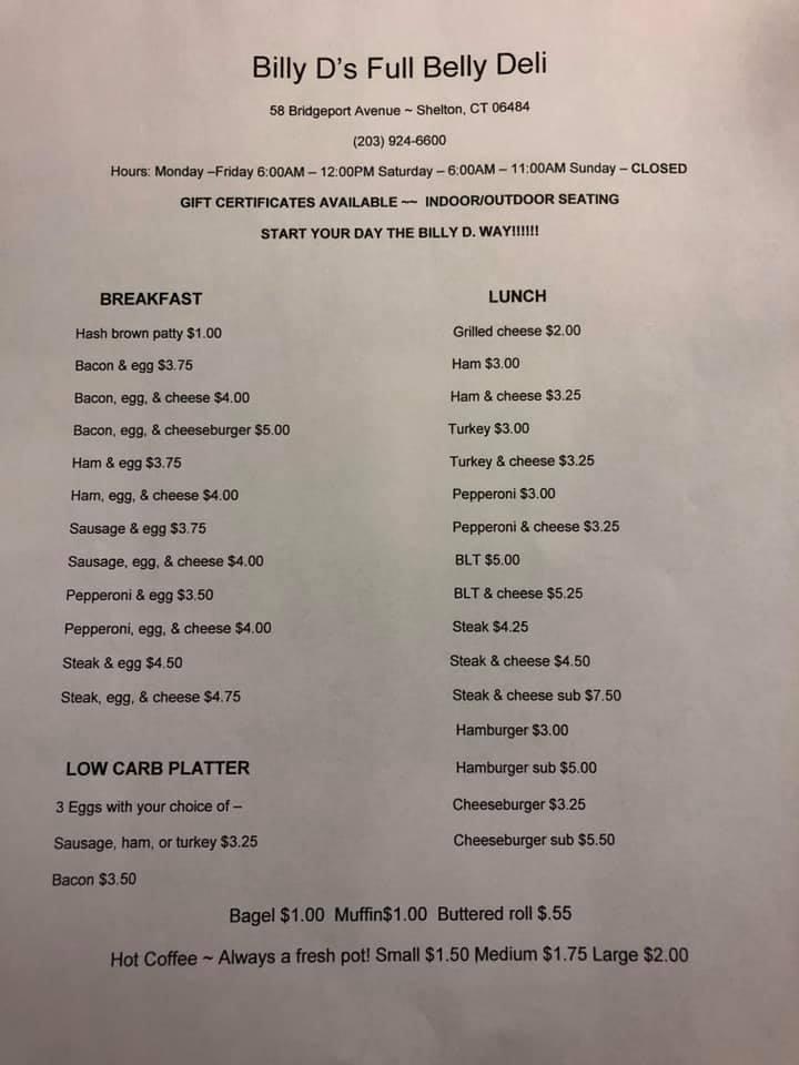 Menu at Billy D's Full Belly Deli restaurant, Shelton