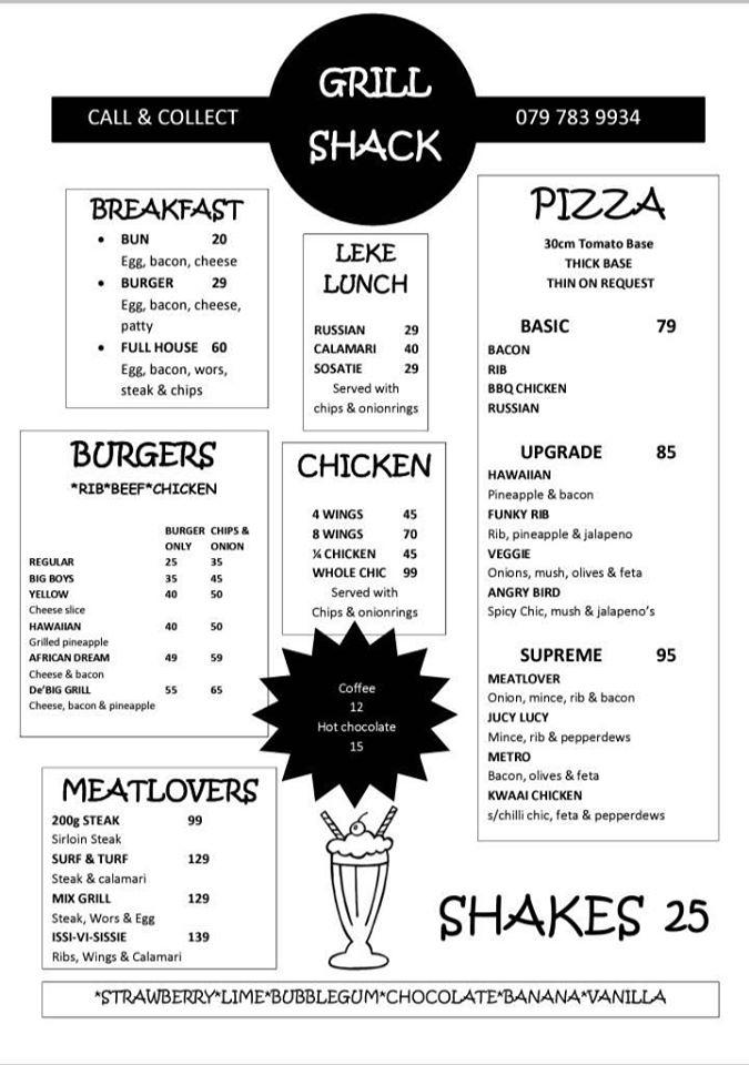 Menu at Grill Shack restaurant, Wolseley