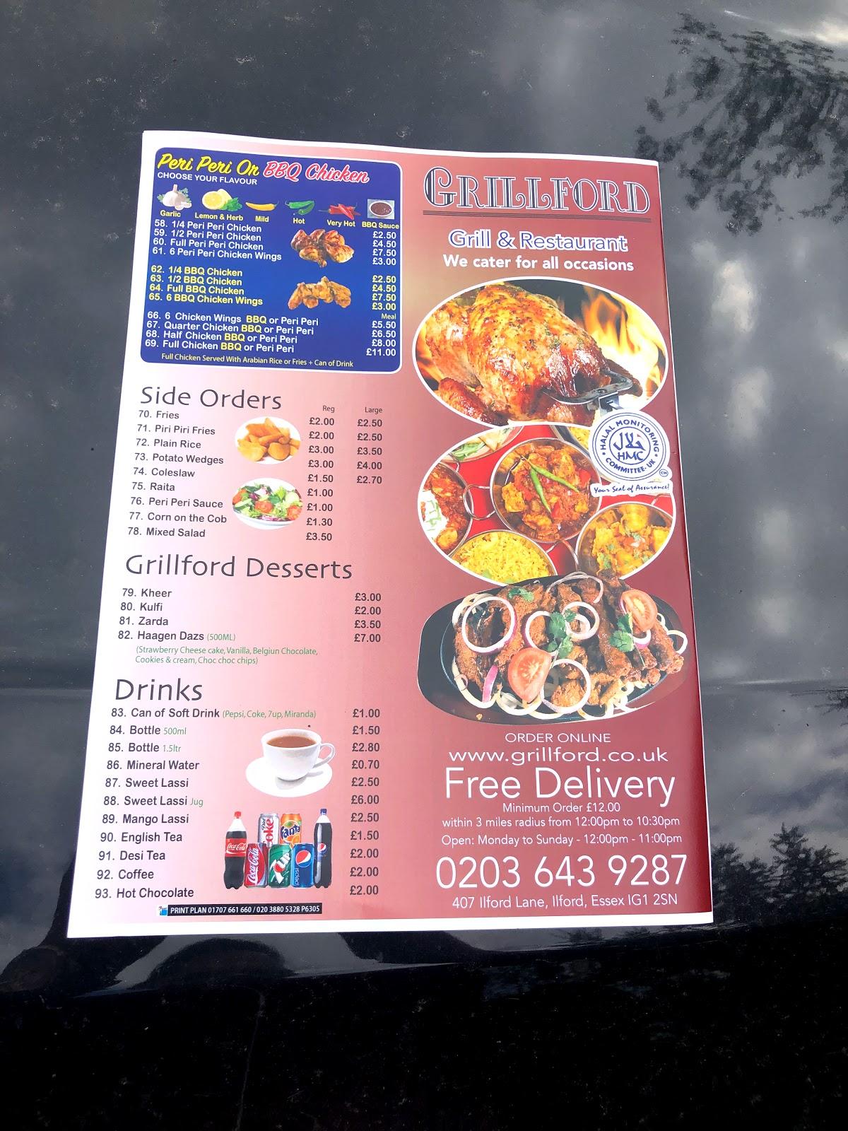 Menu at Grillford restaurant, Ilford