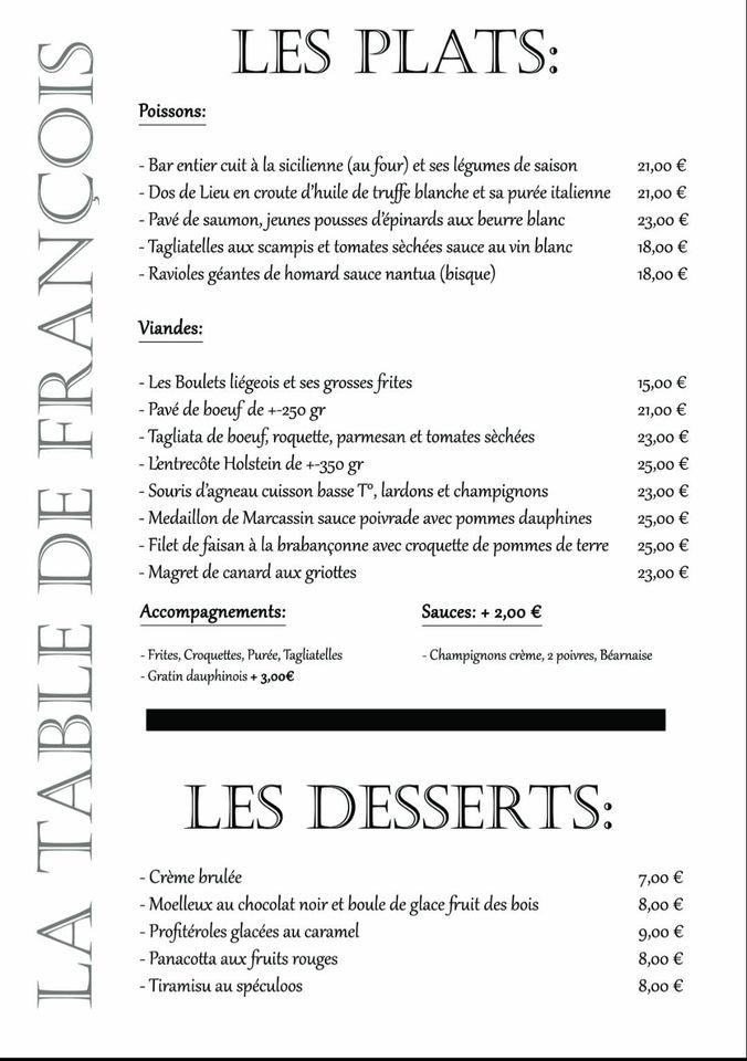 Menu at Les Garçons, Liège, Rue Souverain Pont 32