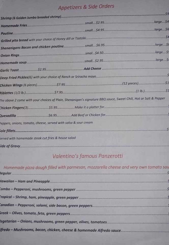 Menu at Shenanigans on the beach restaurant, Winnipeg Beach