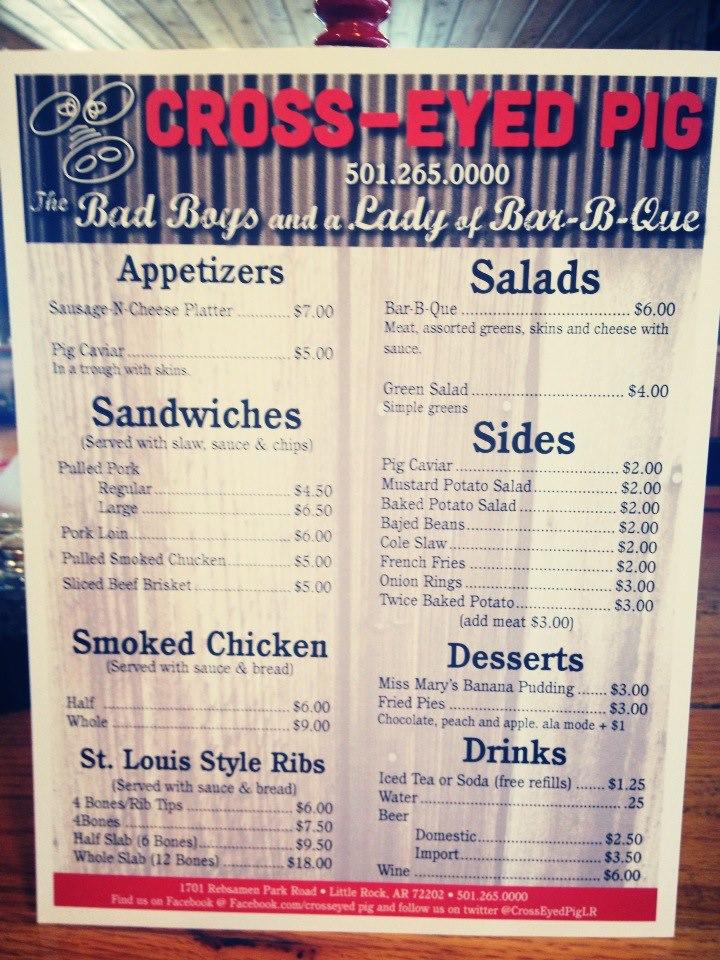 Menu at Cross Eyed Pig BBQ, Little Rock