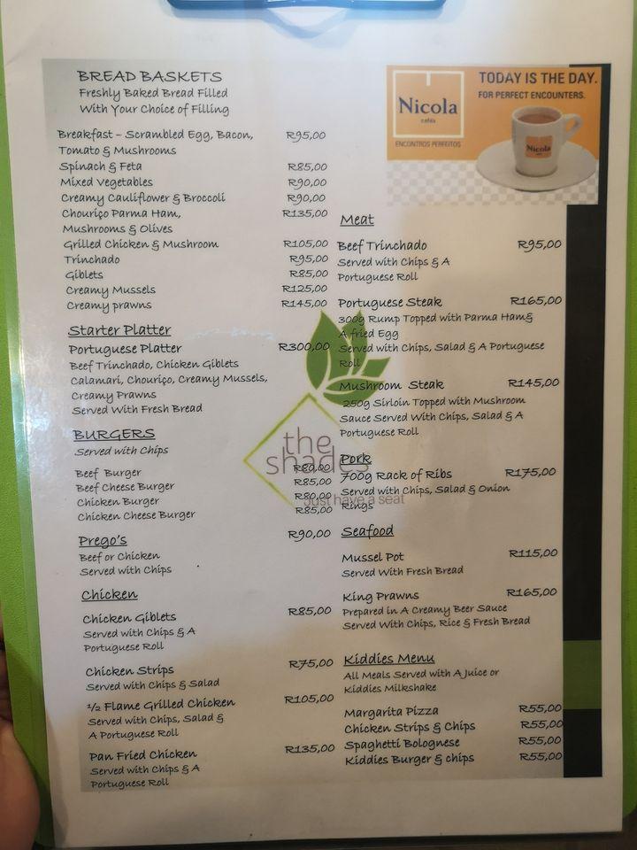 Carta de The Shades Pizzeria and Coffee Shop, Benoni