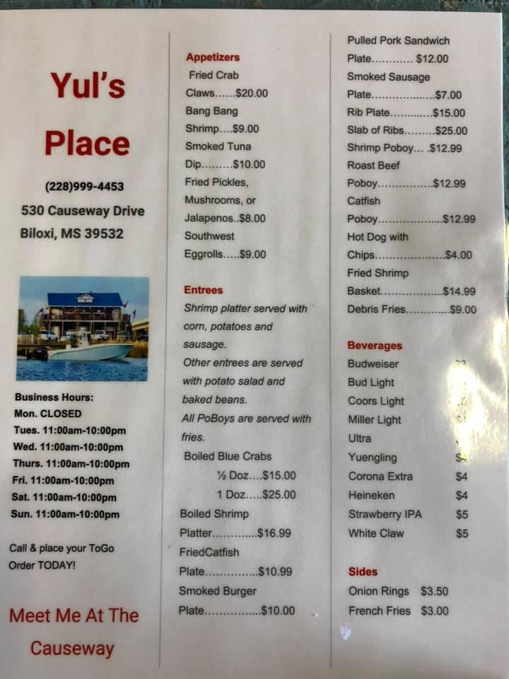 Menu at Yul’s Place restaurant, Biloxi