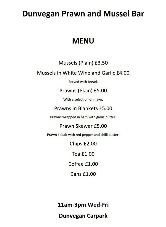 Menu at dunvegan prawn and mussel bar, Dunvegan, 48 Kilmuir