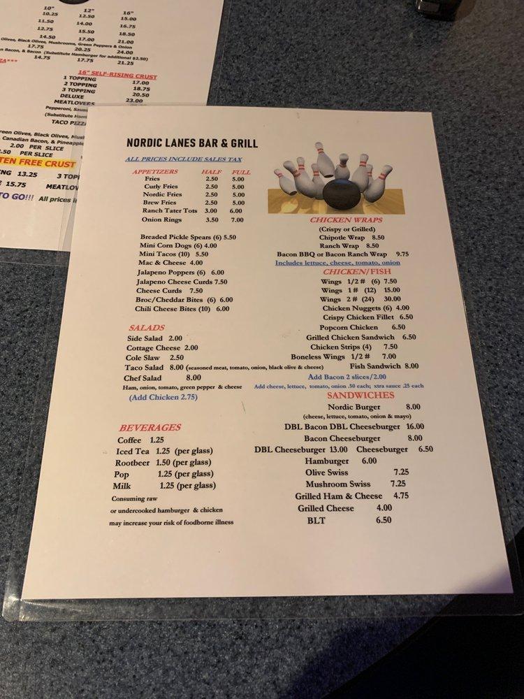 Menu at Nordic Lanes pizzeria, Westby