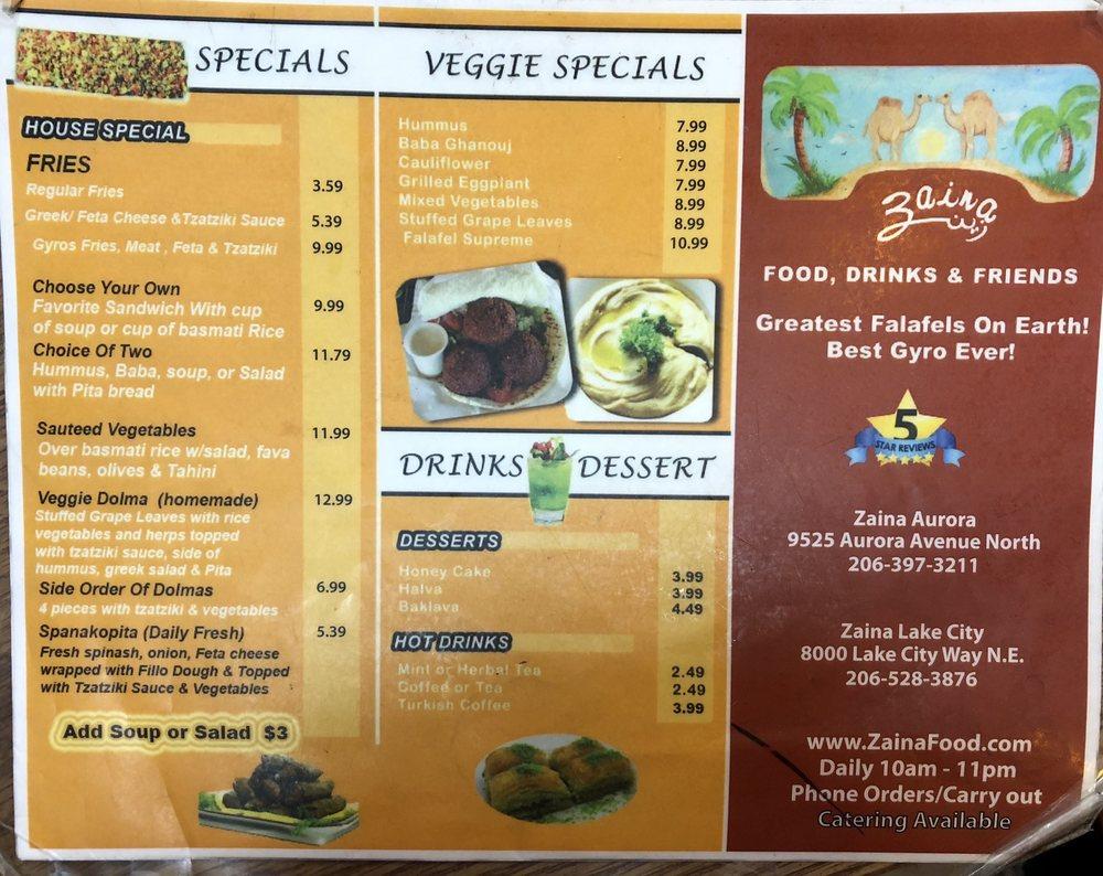 Menu at Zaina restaurant, Seattle, Lake City Way NE