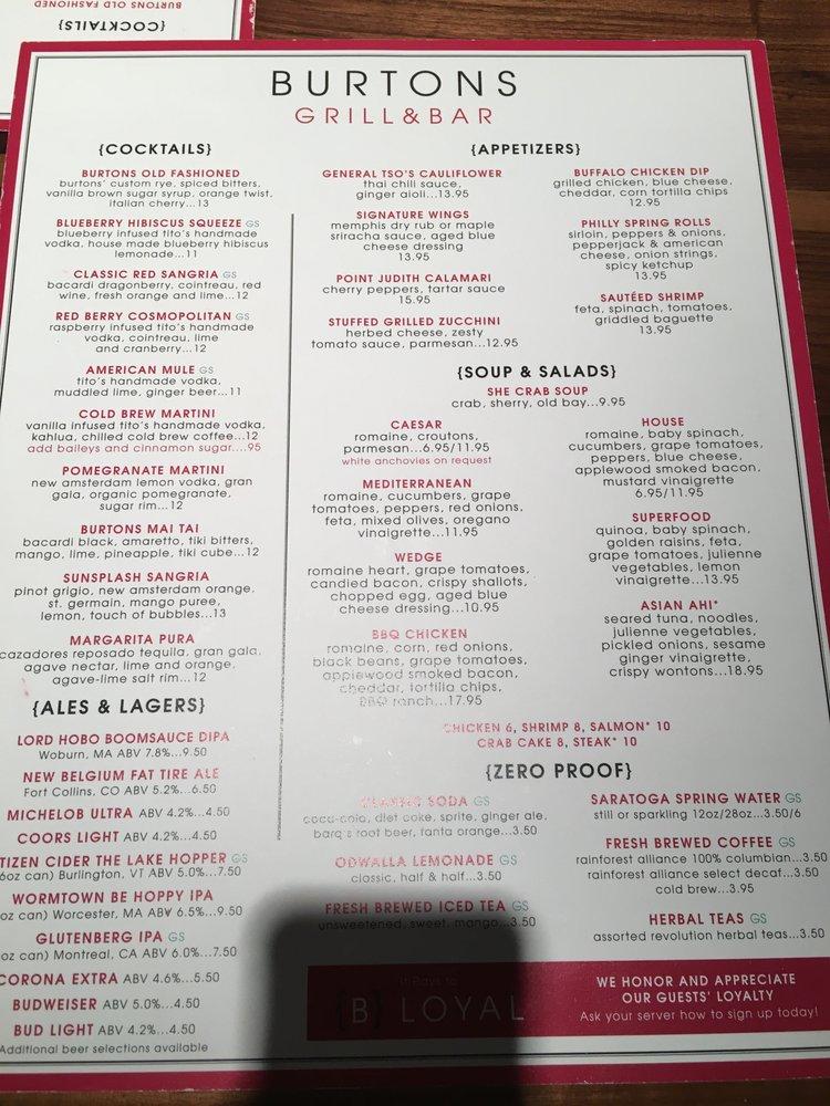 Menu At Burtons Grill & Bar, Framingham