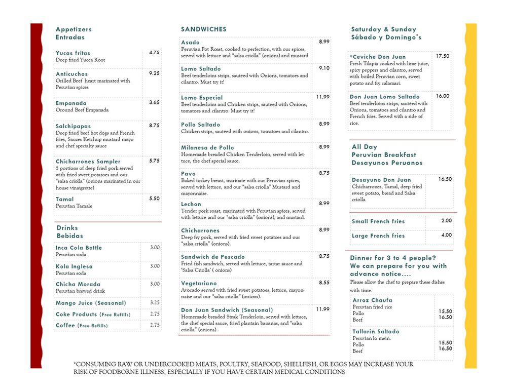 Menu at Don Juan V's Peruvian Sandwiches restaurant, Indianapolis
