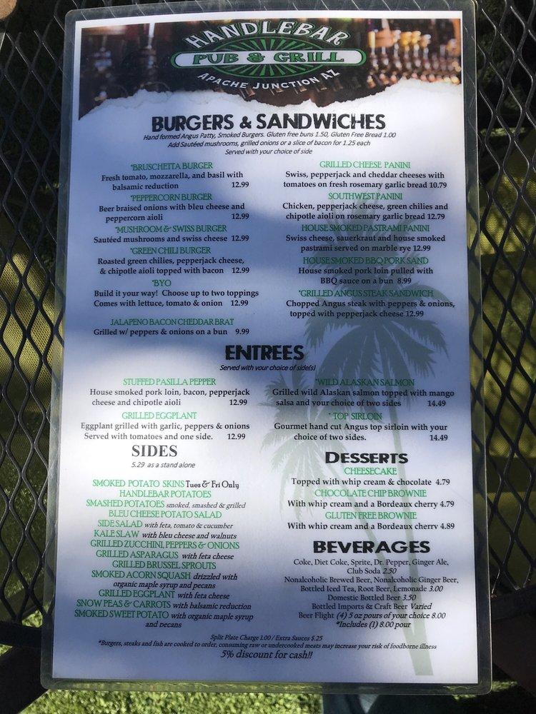 Menu at The Handlebar Pub and Grill, Apache Junction