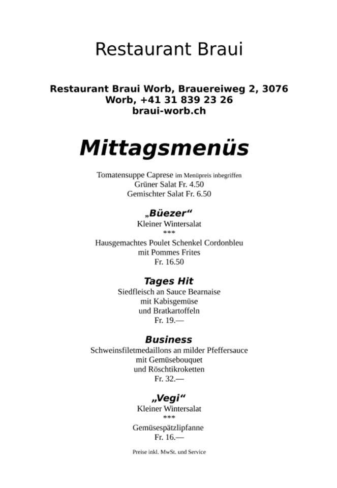Menu di Restaurant Braui Worb 