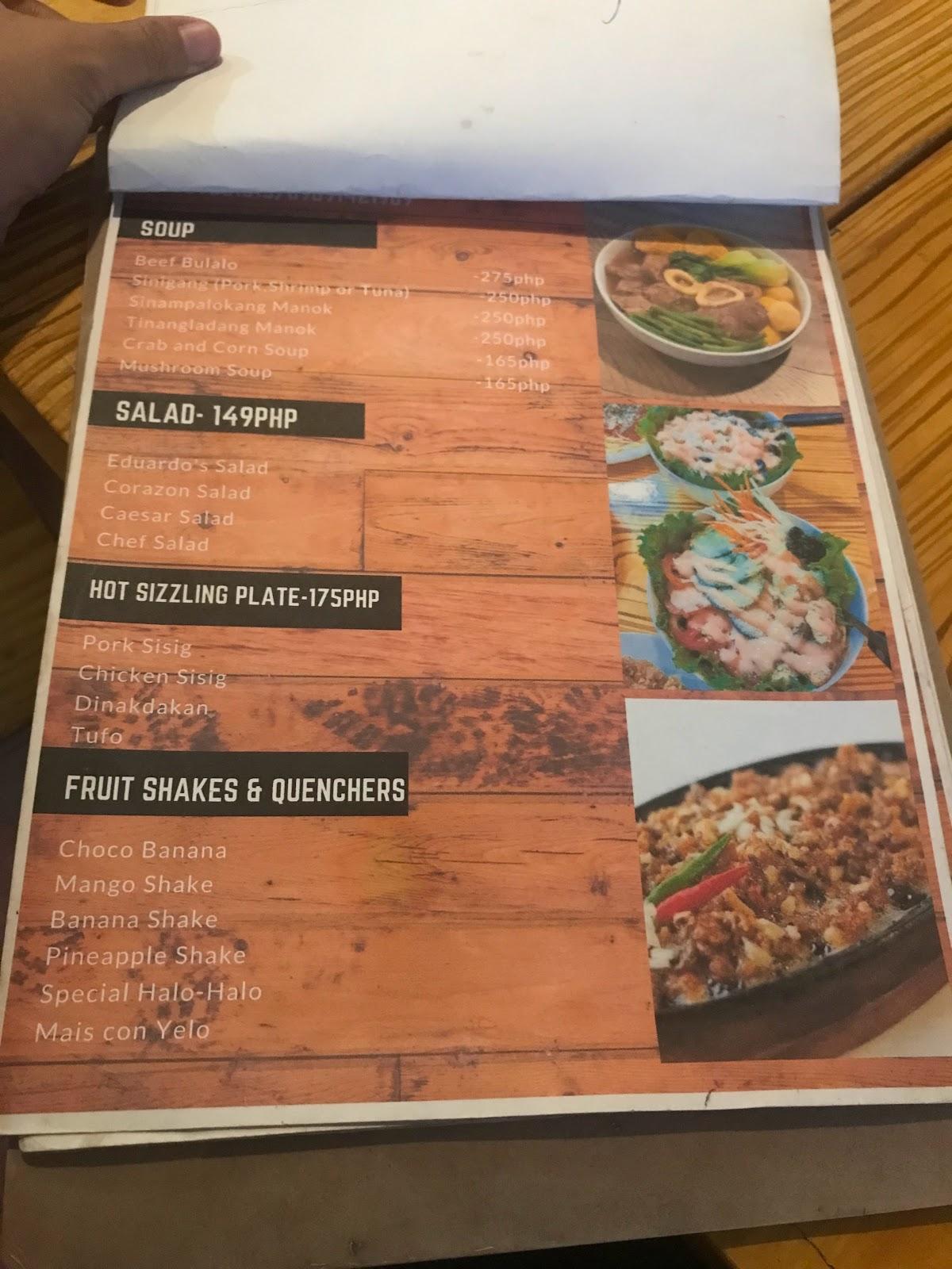 Menu at Eduardo's restaurant, Donsol