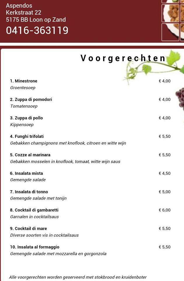 Menu at Aspendos pizza en grillroom, Loon op Zand