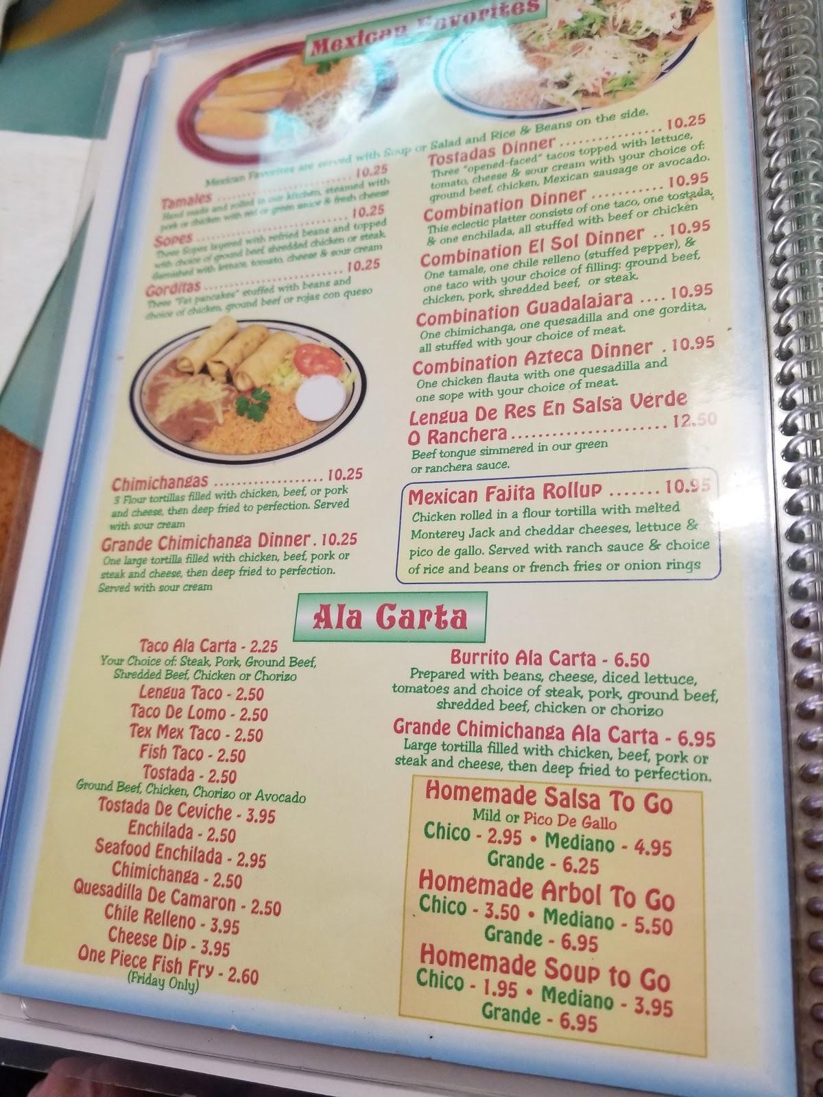 Menu at Sol De Mexico restaurant, Mukwonago