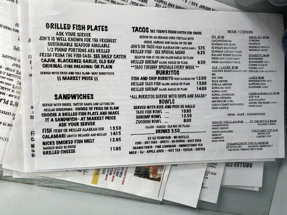 Menu at Jon's Fish Market restaurant, Dana Point