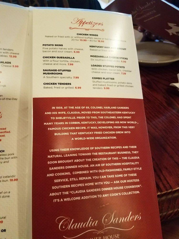 Menu at Claudia Sanders Dinner House restaurant, Shelbyville