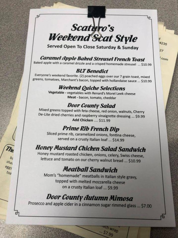 Menu at Scaturo's Baking Co & Cafe, Sturgeon Bay