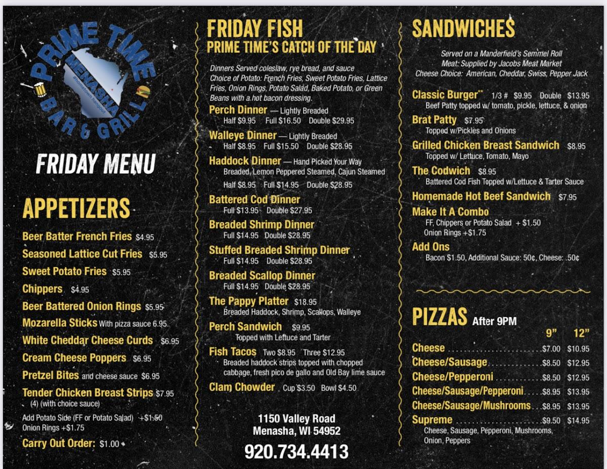 Menu at Prime Time Bar And Grill, Menasha