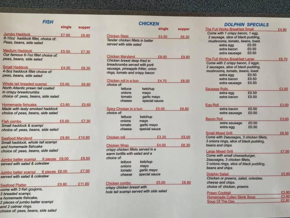 Menu at Dolphin Cafe, Peterhead