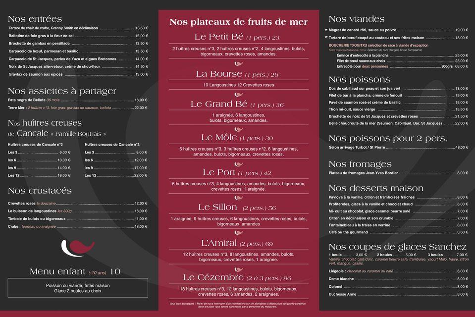 Menu au L'Amiral SaintMalo restaurant, SaintMalo