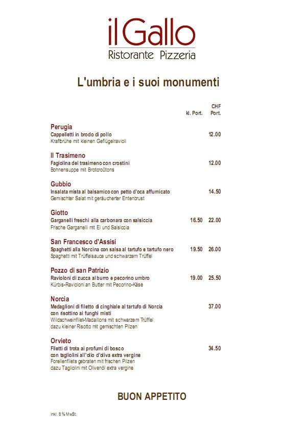 Menu at Il Gallo, Zürich