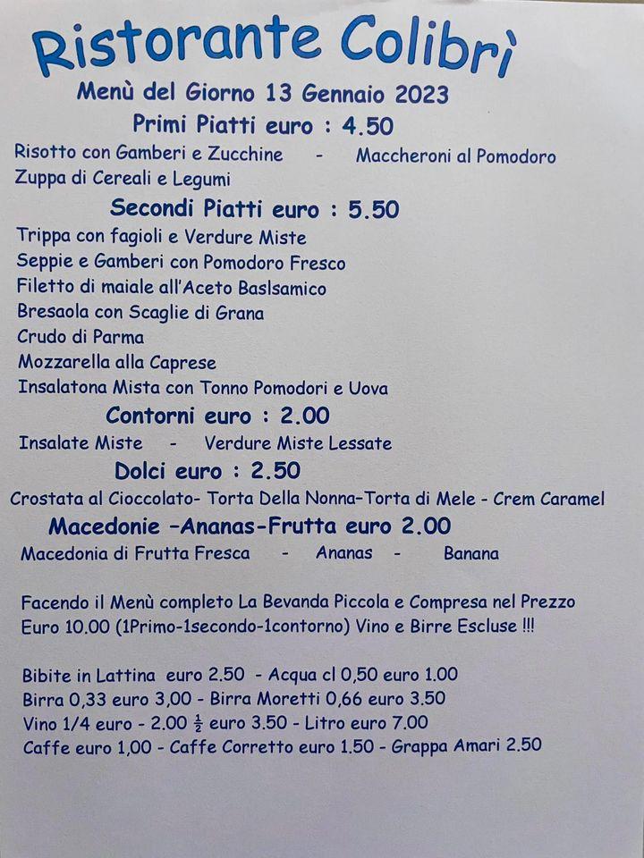 Menu di Ristorante Self Service Colibri' Bellusco 