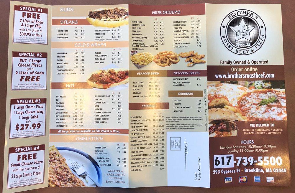 Menu at Brother's Roast Beef & Pizza restaurant, Brookline, 293 Cypress St