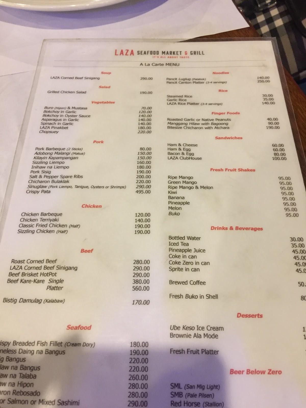 Menu at LAZA Seafood Market & Grill restaurant, San Fernando