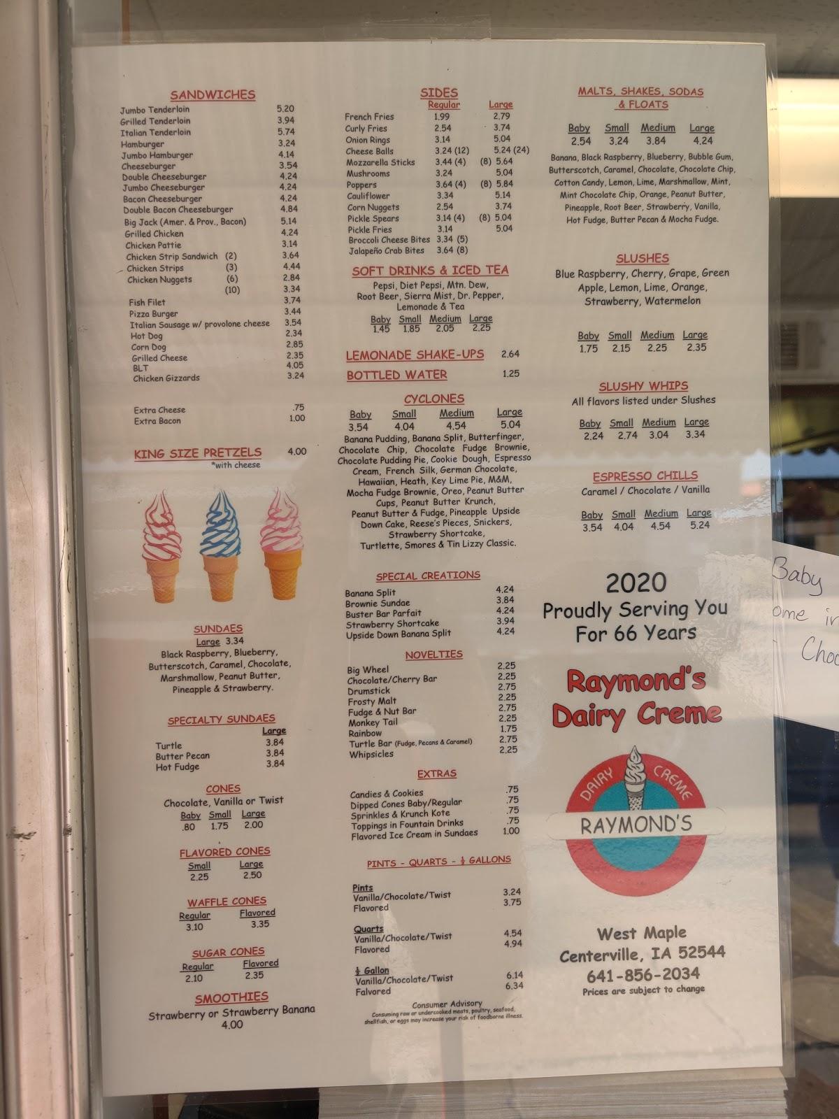 Menu at Raymonds Dairy Creme restaurant, Centerville