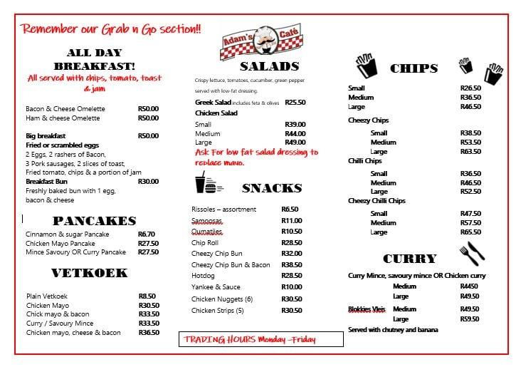 Menu at Adam's Cafe & Takeaways, Tzaneen