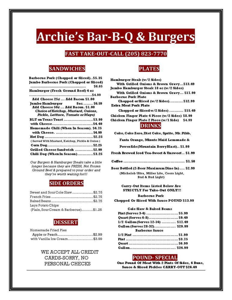 Menu At Archie's Bar-B-Q & Burgers, Hoover, Montgomery Hwy