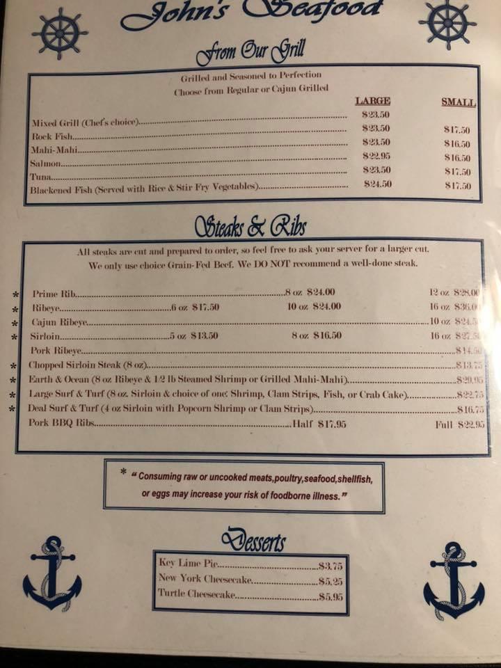 Menu at John's Seafood steakhouse, Murfreesboro
