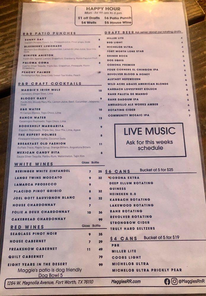 Menu at Maggie's RnR pub & bar, Fort Worth