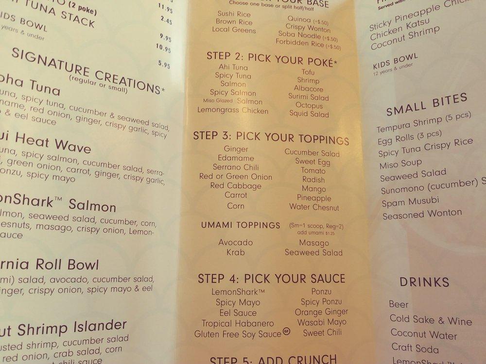 Menu at LemonShark Poke restaurant, Cary